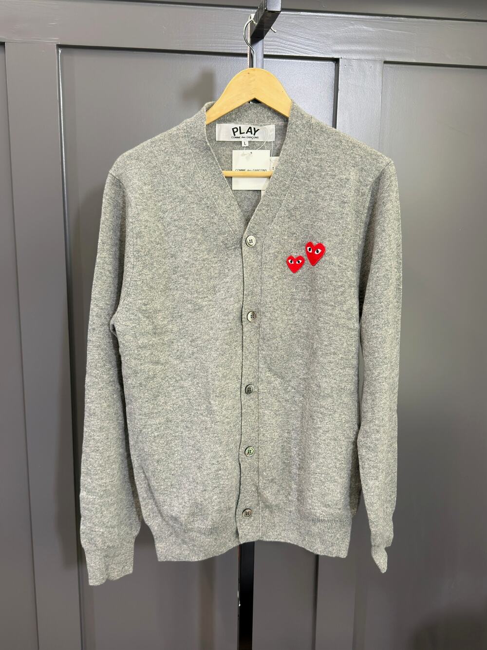 NWT Comme des Garçons PLAY Double Heart Cardigan in grey, L, $394 MSRP